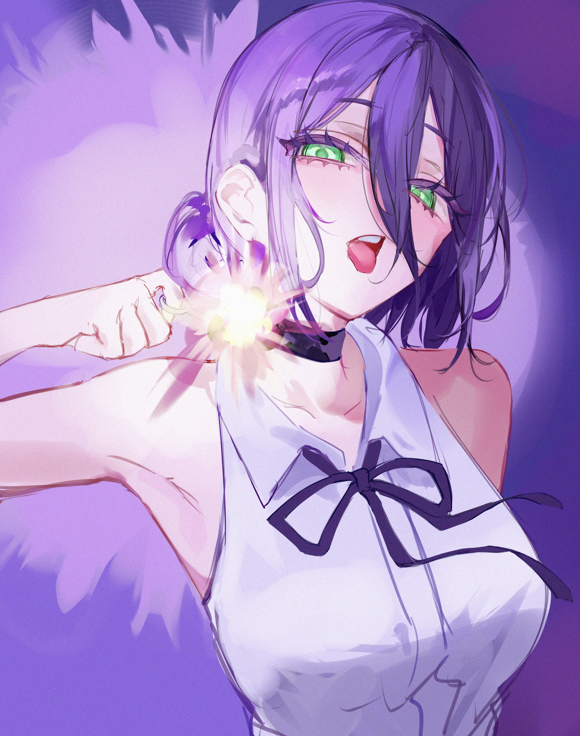 mile (off8mile), reze (chainsaw man), chainsaw man, absurdres, highres, 1girl, armpits, black choker, breasts, choker, collared shirt, green eyes, hair between eyes, hair bun, imminent explosion, large breasts, open mouth, purple hair, purple ribbon, ribbon, shirt, sleeveless, sleeveless shirt, solo, teeth, tongue, tongue out, upper teeth only, white shirt