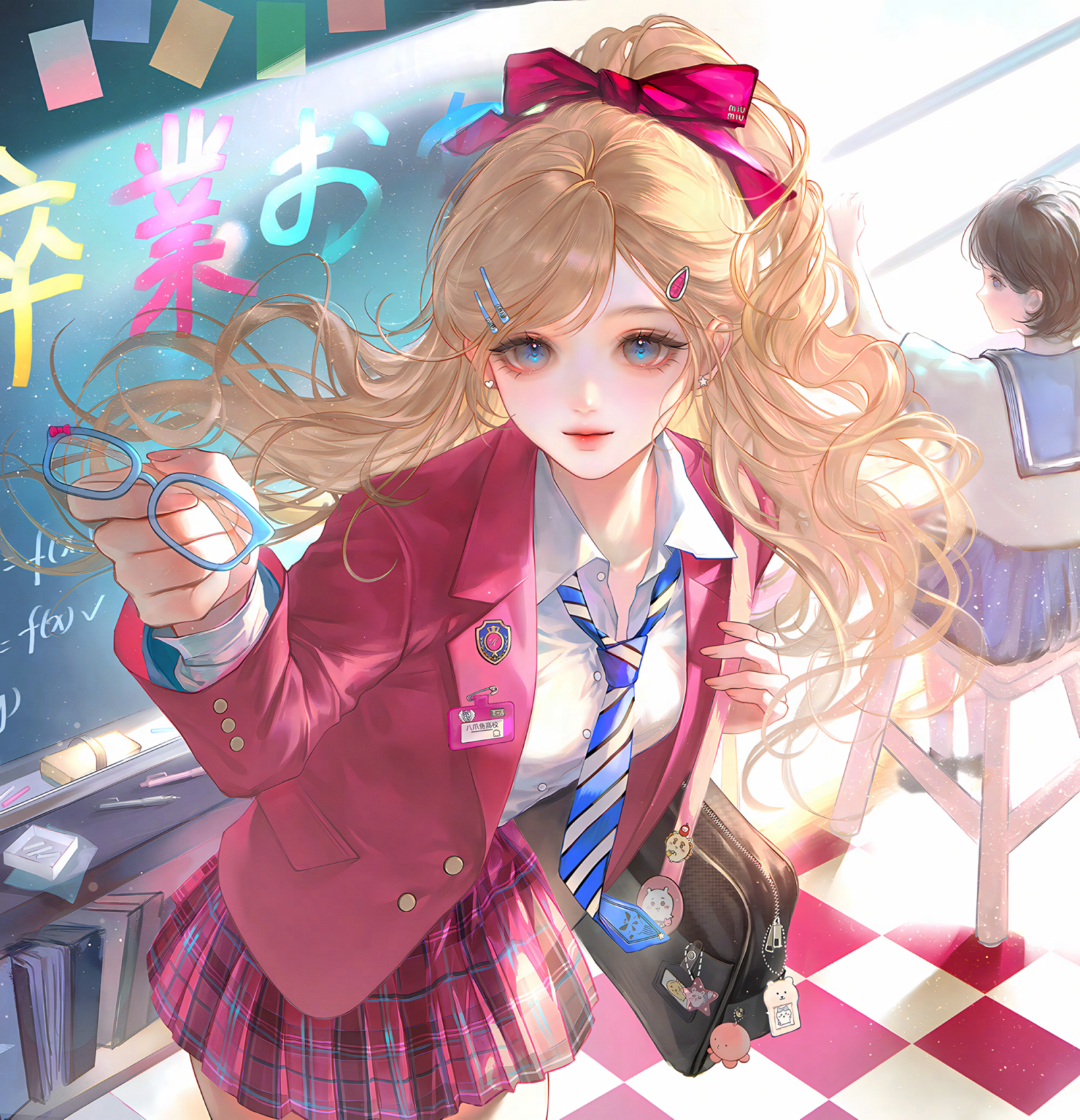 ling0, original, highres, large variant set, variant set, 2girls, badge, bag, blazer, blonde hair, blue eyes, bow, chalkboard, classroom, collared shirt, glasses, hair bow, hair ornament, hairclip, holding, indoors, jacket, long hair, long sleeves, looking at viewer, multiple girls, necktie, plaid clothes, plaid skirt, pleated skirt, ponytail, red jacket, school bag, school uniform, shirt, skirt, smile, white shirt