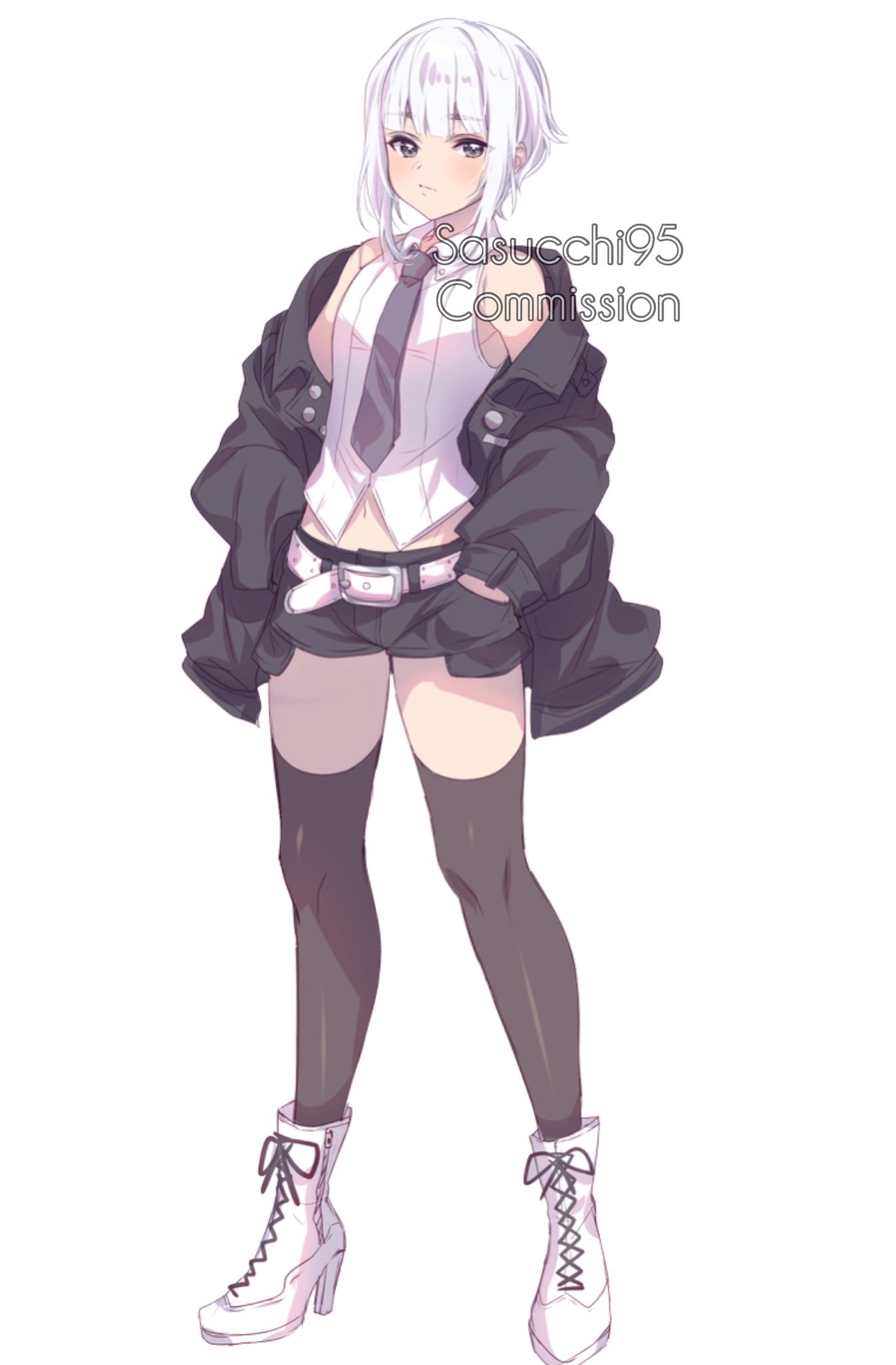 sasucchi95, original, commentary, commission, english commentary, highres, 1girl, ankle boots, artist name, bare shoulders, belt, black shorts, black thighhighs, blush, bob cut, boots, breasts, buttons, center-flap bangs, closed mouth, collared shirt, double-parted bangs, exposed pocket, full body, grey eyes, grey necktie, hair between eyes, hands in pockets, high heel boots, high heels, inverted bob, jacket, jacket partially removed, lace-up boots, long sleeves, looking at viewer, midriff, navel, necktie, open clothes, open jacket, puffy long sleeves, puffy sleeves, shirt, short hair, short shorts, shorts, simple background, sleeveless, sleeveless shirt, small breasts, solo, standing, studded belt, thighhighs, watermark, white background, white belt, white boots, white hair, white shirt