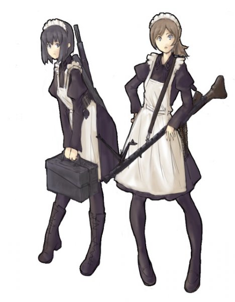 black legwear, 2girls, ammunition box, apron, black hair, boots, brown hair, gun, hand on own hip, hip focus, machine gun, maid, maid apron, maid headdress, mg 34, multiple girls, pantyhose, weapon