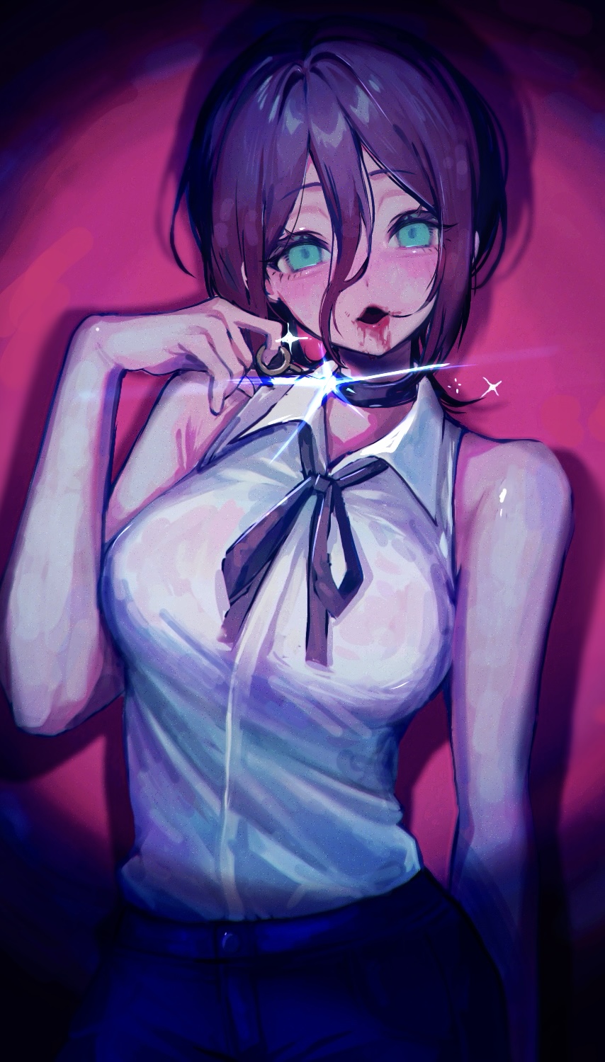 reze (chainsaw man), chainsaw man, highres, 1girl, aqua eyes, black choker, black ribbon, blood, blood from mouth, choker, collared shirt, grenade pin, purple hair, rana5 1052, ribbon, shadow, shirt, shirt tucked in, sleeveless, sleeveless shirt, solo, spotlight, white shirt