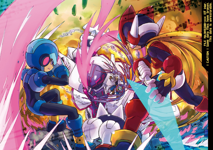 nasu (roda de estrela), dr. weil (mega man), omega (mega man), x (mega man), zero(z) (mega man), zero (mega man), mega man (series), mega man zero (series), 4boys, android, arm cannon, armor, biometal, black eyes, black shirt, blonde hair, blue armor, blue eyes, blue helmet, blue pants, brown gloves, cyber elf (mega man), debris, energy blade, energy sword, english text, fighting stance, forehead jewel, from behind, gloves, helmet, holding, holding sword, holding weapon, jewelry, lab coat, long hair, looking at another, male focus, multiple boys, old, old man, pants, ponytail, red armor, red helmet, shirt, size difference, standing, sword, weapon, white armor, white gloves, white helmet, z saber