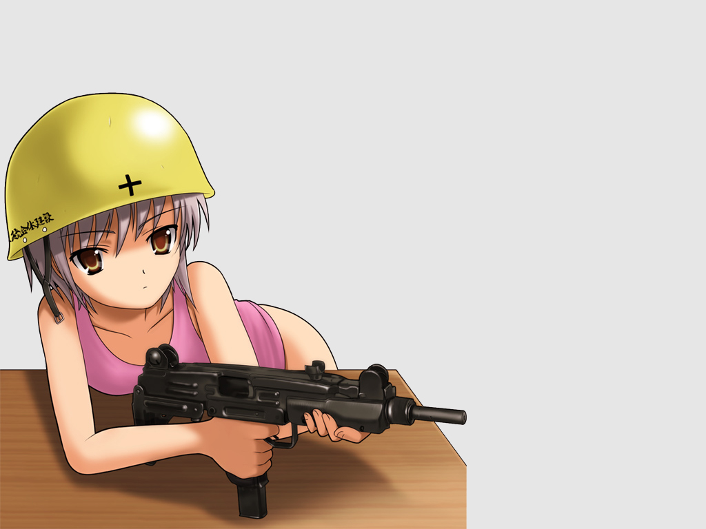 nagato yuki, suzumiya haruhi no yuuutsu, machine pistol, 00s, brown eyes, gun, helmet, purple hair, short hair, submachine gun, table, tank top, uzi, weapon