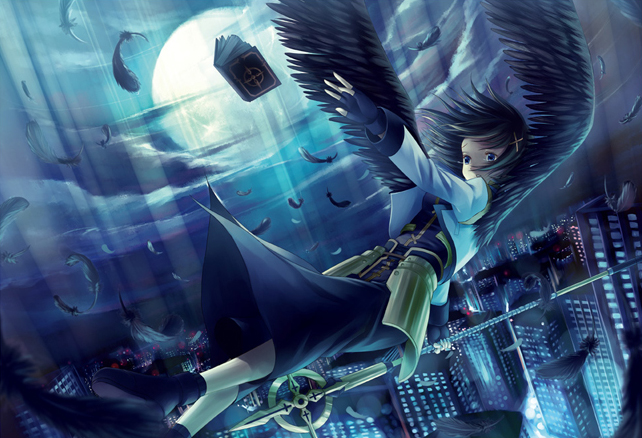 kitiroku, yagami hayate, lyrical nanoha, mahou shoujo lyrical nanoha, mahou shoujo lyrical nanoha a's, 00s, 1girl, black wings, cityscape, cloud, female focus, hair ornament, moon, night, night sky, scenery, sky, solo, wings, x hair ornament