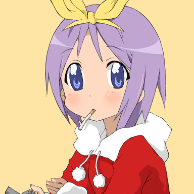 ta (tama20150125), hiiragi tsukasa, lucky star, bad id, bad pixiv id, lowres, 00s, christmas, cigarette, hairband, lighter, purple hair, santa costume, short hair, solo