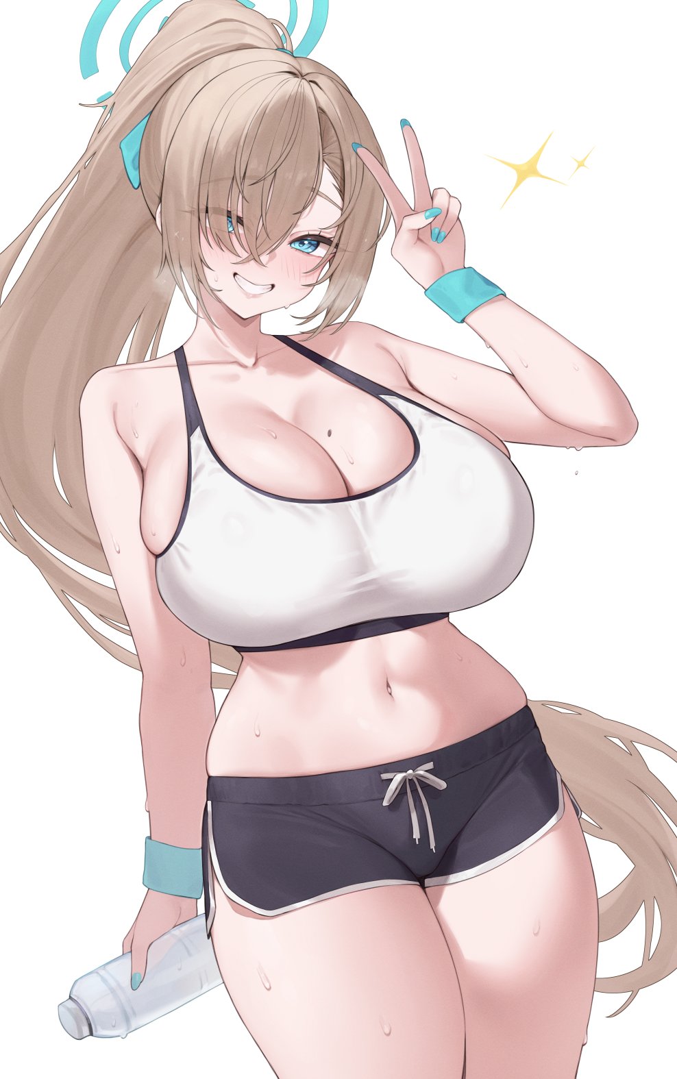 kuavera, asuna (blue archive), blue archive, commentary, highres, symbol-only commentary, 1girl, black shorts, blonde hair, blue eyes, blue halo, blue nails, blue ribbon, bottle, breasts, cleavage, collarbone, cowboy shot, crossed bangs, curtained hair, dolphin shorts, eyes visible through hair, grin, hair over one eye, hair ribbon, halo, hand up, heavy breathing, high ponytail, holding, holding bottle, huge breasts, large breasts, long hair, looking at viewer, mole, mole on breast, nail polish, navel, ponytail, ribbon, short shorts, shorts, simple background, skindentation, smile, solo, sports bra, sweat, thick thighs, thighs, v, very long hair, white background, white sports bra