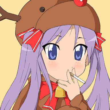ta (tama20150125), hiiragi kagami, lucky star, lowres, 00s, bell, blush, cigarette, neck bell, reindeer, solo