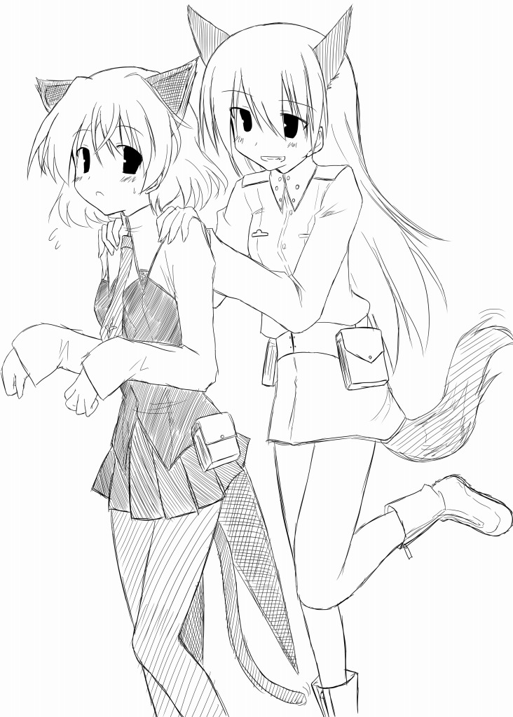 akane souichi, eila ilmatar juutilainen, sanya v. litvyak, strike witches, world witches series, 00s, 2girls, greyscale, monochrome, multiple girls, pantyhose