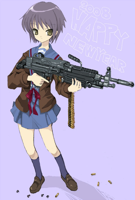 nagato yuki, suzumiya haruhi no yuuutsu, tagme, 00s, gun, machine gun, new year, weapon