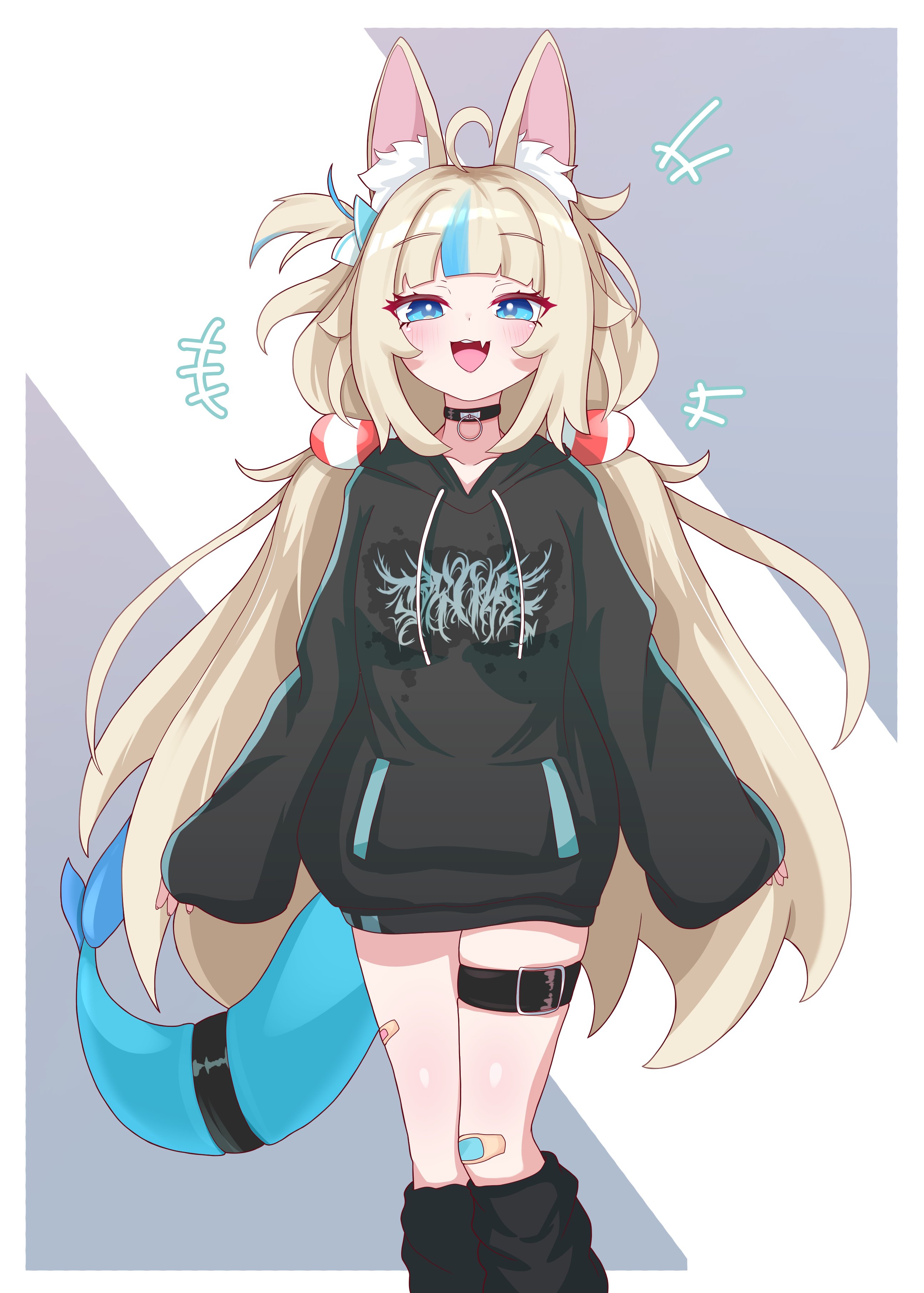 rei (2812q), sameko saba, indie virtual youtuber, absurdres, highres, 1girl, ahoge, animal ear fluff, animal ears, bandaid, black hoodie, black leg warmers, blonde hair, blue eyes, blue hair, blue streaks, cat ears, fins, fish girl, fish tail, hood, hoodie, leg warmers, lifebuoy hair ornament, light smile, long hair, looking at viewer, low twintails, multicolored hair, solo, streaked hair, tail, twintails, virtual youtuber