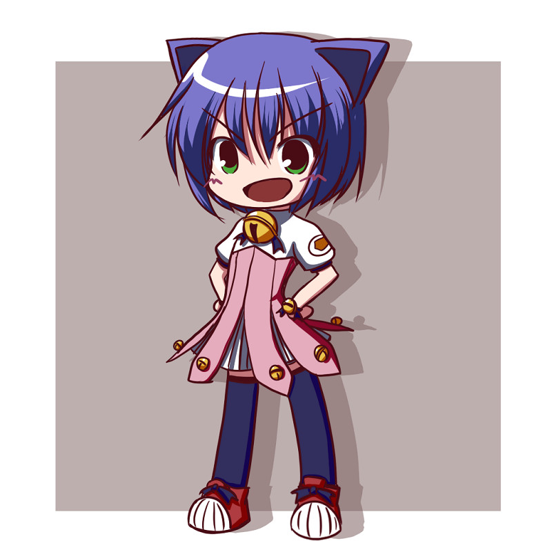 fictional sister, midarezaki kyouka, kyouran kazoku nikki, 00s, 1girl, animal ears, bell, belt, blue hair, blue thighhighs, blush, cat ears, cat girl, chibi, dress, female focus, flat chest, full body, green eyes, hands on own hips, open mouth, shadow, shoes, short hair, sneakers, solo, thighhighs, two-tone dress