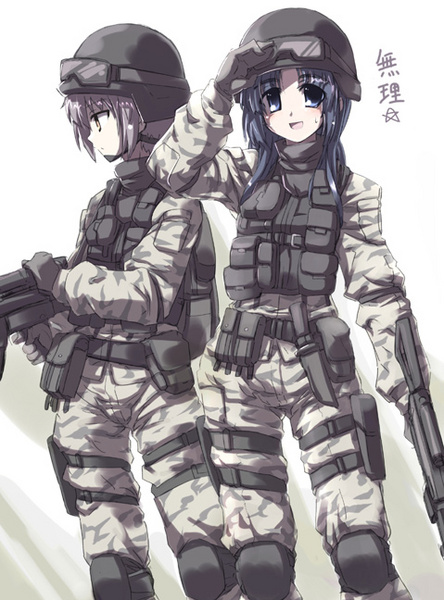 asakura ryoko, nagato yuki, suzumiya haruhi no yuuutsu, tagme, 00s, army, gun, military, weapon
