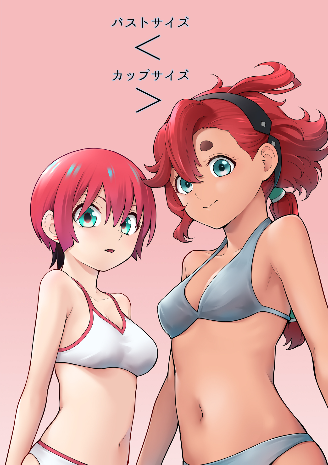 ogry ching, amate yuzuriha, suletta mercury, gundam, gundam gquuuuuux, gundam suisei no majo, commentary request, highres, translation request, 2girls, bare arms, bare shoulders, black hairband, blue eyes, bra, breasts, collarbone, grey bra, grey panties, hair between eyes, hairband, in-franchise crossover, long hair, multiple girls, navel, panties, parted lips, pink background, red hair, short eyebrows, short hair, simple background, small breasts, thick eyebrows, underwear, underwear only, white bra, white panties