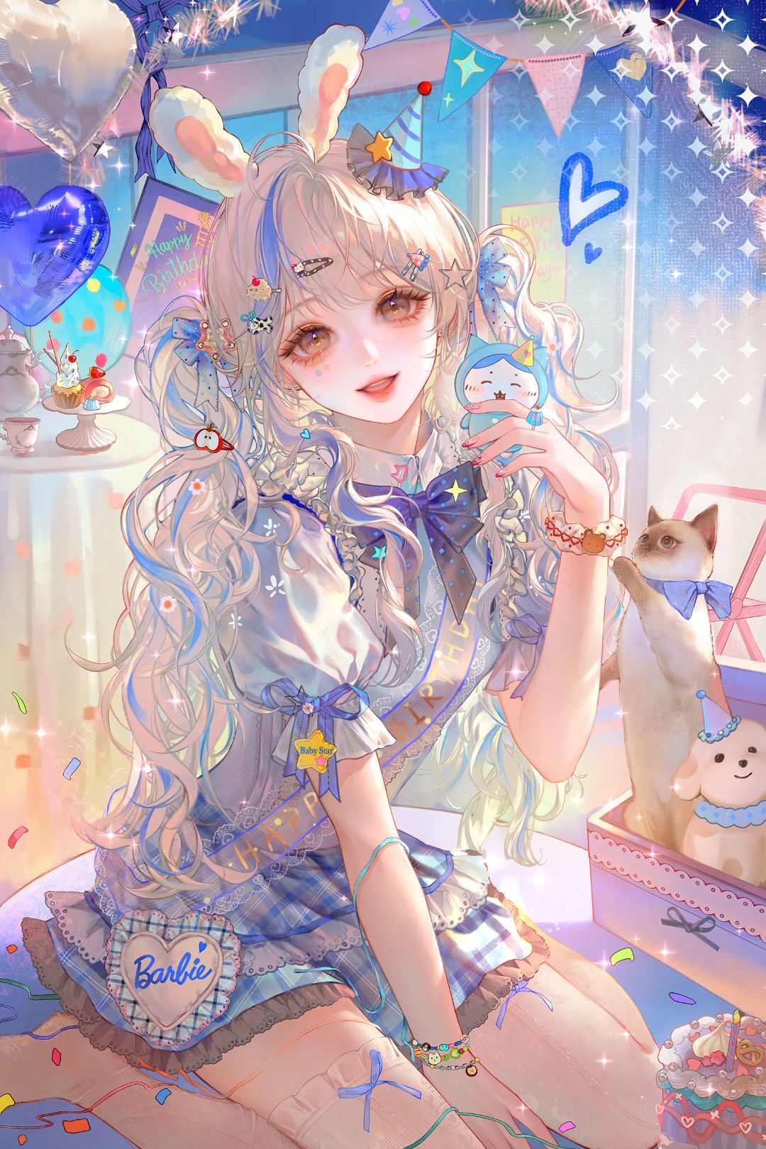 ling0, original, highres, large variant set, variant set, 1girl, animal ears, balloon, blue hair, bow, cat, gift, hair ornament, holding, jewelry, long hair, looking at viewer, multicolored hair, open mouth, rabbit ears, sitting, skirt, smile, solo, twintails, white hair