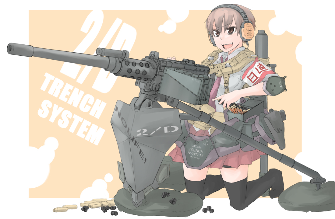 sigama, sigma (artist), bad id, bad pixiv id, .50 bmg, 1girl, anti-materiel cartridge, armband, browning m2, earmuffs, female focus, gun, heavy machine gun, hmg cartridge, machine gun, military, rifle cartridge, school uniform, serafuku, solo, thighhighs, weapon