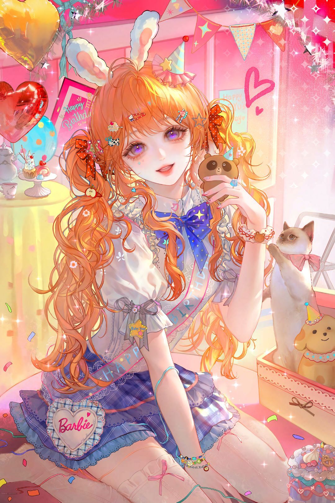 ling0, original, highres, large variant set, variant set, 1girl, animal ears, bag, balloon, blue bow, blue skirt, bow, bowtie, bracelet, cat, cellphone, confetti, frills, hair ornament, heart, holding, holding phone, indoors, jewelry, long hair, looking at viewer, open mouth, orange hair, phone, purple eyes, rabbit ears, ring, shirt, short sleeves, sitting, skirt, smile, solo, twintails, white shirt