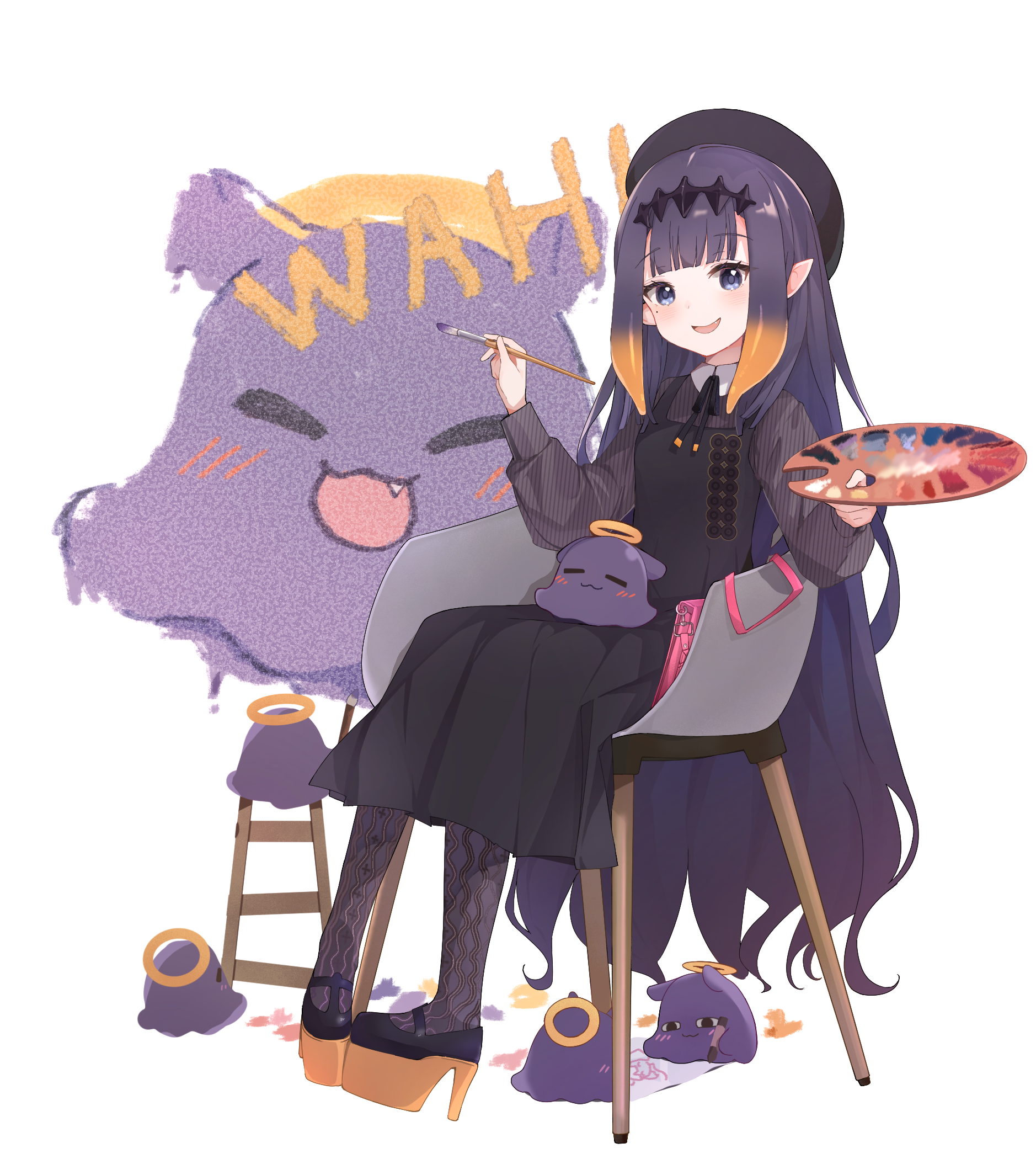 nahae, ninomae ina'nis, ninomae ina'nis (casual), takodachi (ninomae ina'nis), hololive, hololive english, commentary, highres, 1girl, bag, beret, black dress, black hair, black ribbon, black shoes, blue eyes, blunt bangs, book, chair, collared shirt, dress, english text, fang, flat cap, full body, gradient hair, grey pantyhose, grey shirt, grimoire, halo, handbag, hat, headpiece, holding, holding paintbrush, knit pantyhose, long hair, long sleeves, looking at viewer, mary janes, medium dress, mole, mole under eye, multicolored hair, neck ribbon, official alternate costume, on chair, open mouth, orange hair, paint palette, paintbrush, painting (action), pantyhose, pinafore dress, pink bag, pinstripe pattern, pinstripe shirt, platform shoes, pleated dress, pointy ears, puffy long sleeves, puffy sleeves, purple hair, ribbon, shirt, shoes, sideways hat, simple background, sitting, sleeveless, sleeveless dress, smile, striped clothes, striped shirt, tentacle hair, very long hair, virtual youtuber, white background