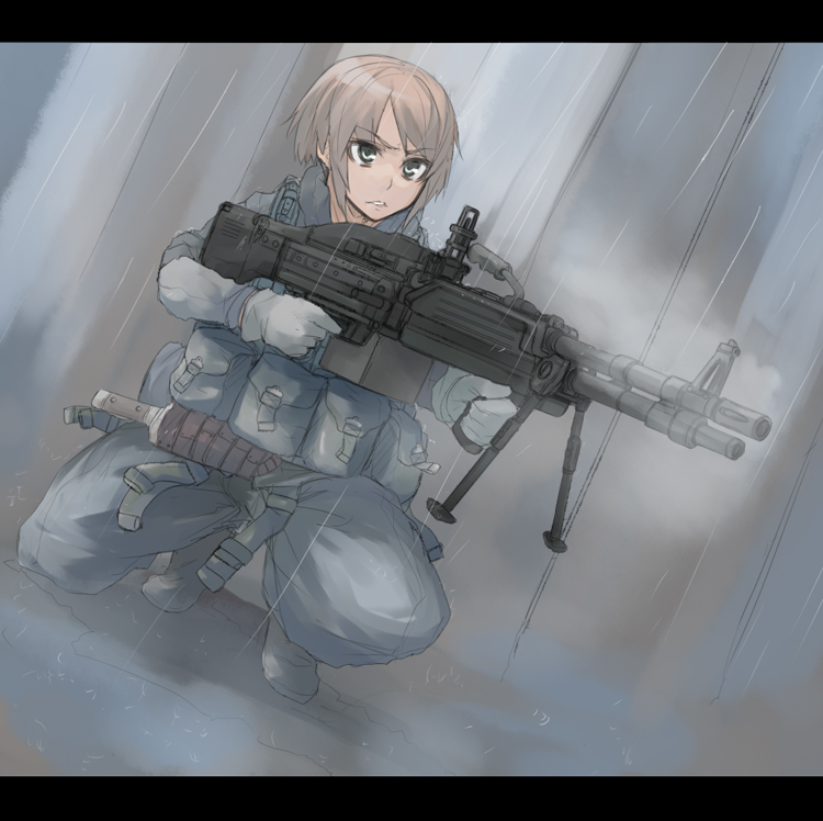 sigama, sigma (artist), bad id, bad pixiv id, 1girl, blonde hair, choke (weapon), diverter choke, female focus, gloves, green eyes, gun, knife, letterboxed, load bearing vest, m60 (machine gun), machine gun, military, military combat uniform, military operator, military uniform, rain, short hair, solo, weapon