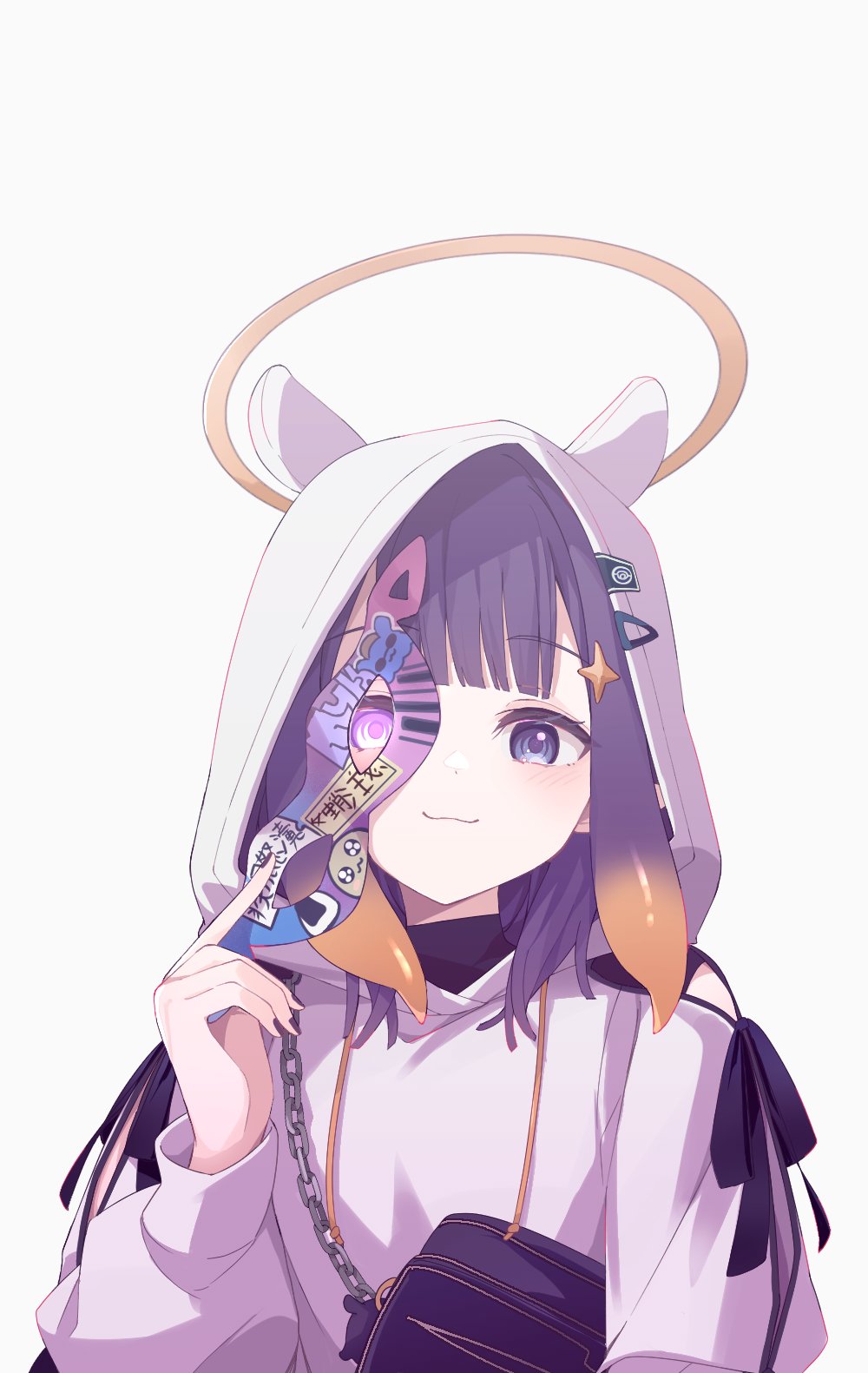 nahae, ninomae ina'nis, hololive, hololive english, commentary, highres, 1girl, alternate costume, bag, blue eyes, blunt bangs, closed mouth, glowing, glowing eye, gradient hair, hair ornament, hairclip, halo, handbag, holding, hood, hood up, hoodie, long hair, long sleeves, looking at viewer, multicolored hair, orange hair, pointy ears, puffy long sleeves, puffy sleeves, purple bag, purple hair, shirt, simple background, smile, star (symbol), tentacle hair, virtual youtuber, white background, white hoodie