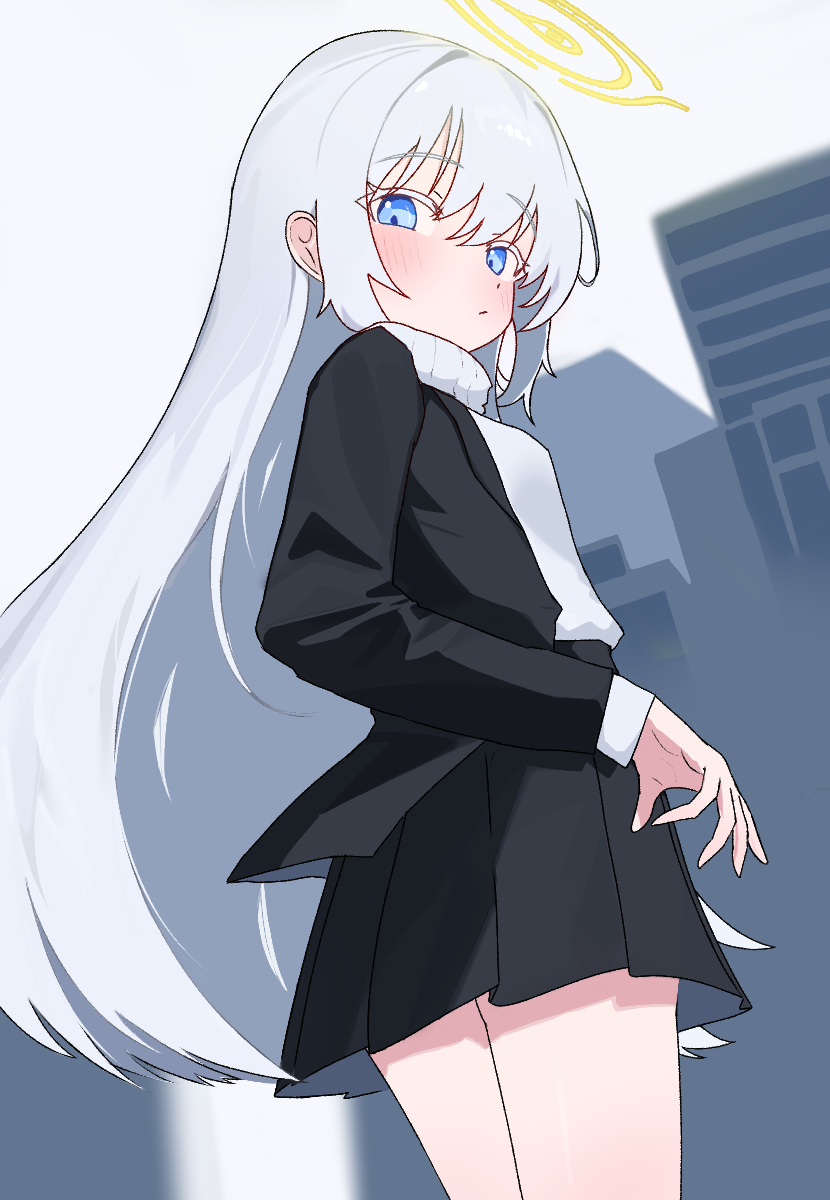 wingcat, blue archive, original, commentary, highres, 1girl, black jacket, black skirt, blue eyes, blush, breasts, building, city, cityscape, cowboy shot, dot nose, embarrassed, from behind, from below, hair between eyes, halo, jacket, long hair, looking at viewer, looking back, pleated skirt, raised eyebrows, shirt, skirt, small breasts, solo, standing, thighs, turtleneck, turtleneck shirt, very long hair, white background, white hair, white shirt, yellow halo