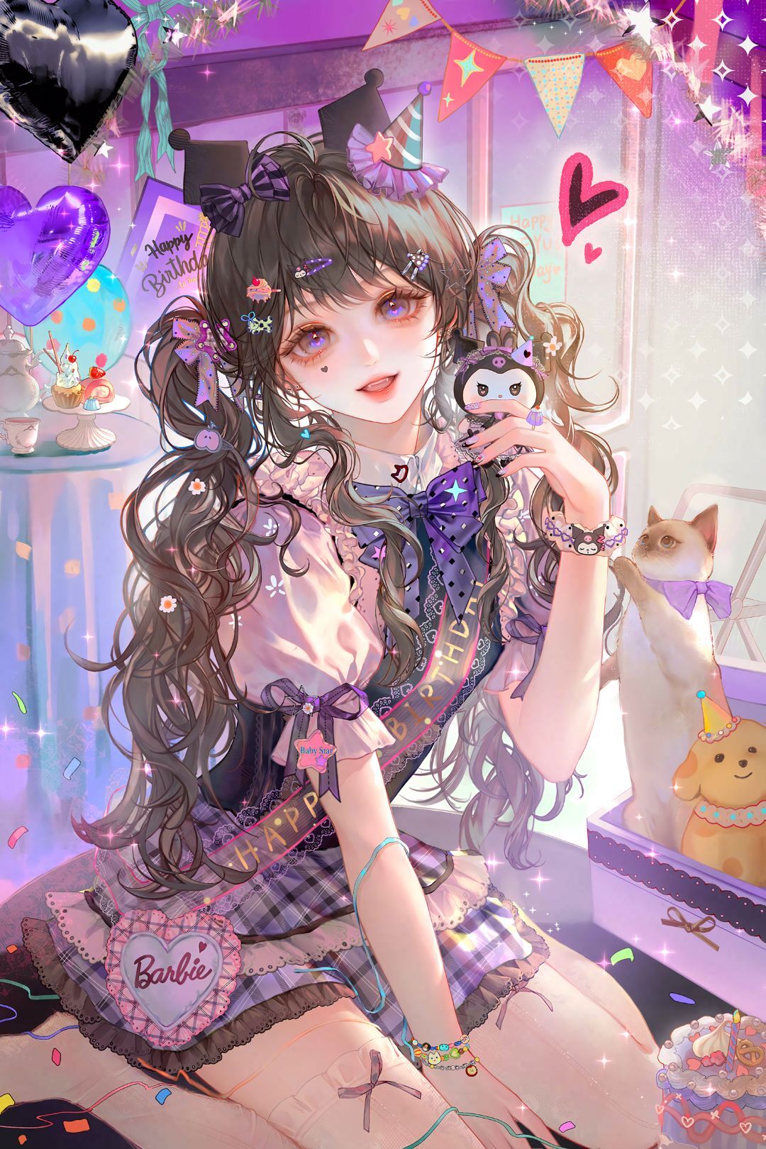 ling0, original, highres, large variant set, variant set, 1girl, balloon, between legs, black hair, blush, bow, bowtie, bracelet, cake, candle, cat, dress, food, frills, hair bow, hair ornament, hand between legs, heart, holding, indoors, jewelry, long hair, looking at viewer, open mouth, purple bow, purple eyes, ribbon, shirt, short sleeves, sitting, skirt, smile, solo, stuffed animal, stuffed cat, stuffed toy, twintails
