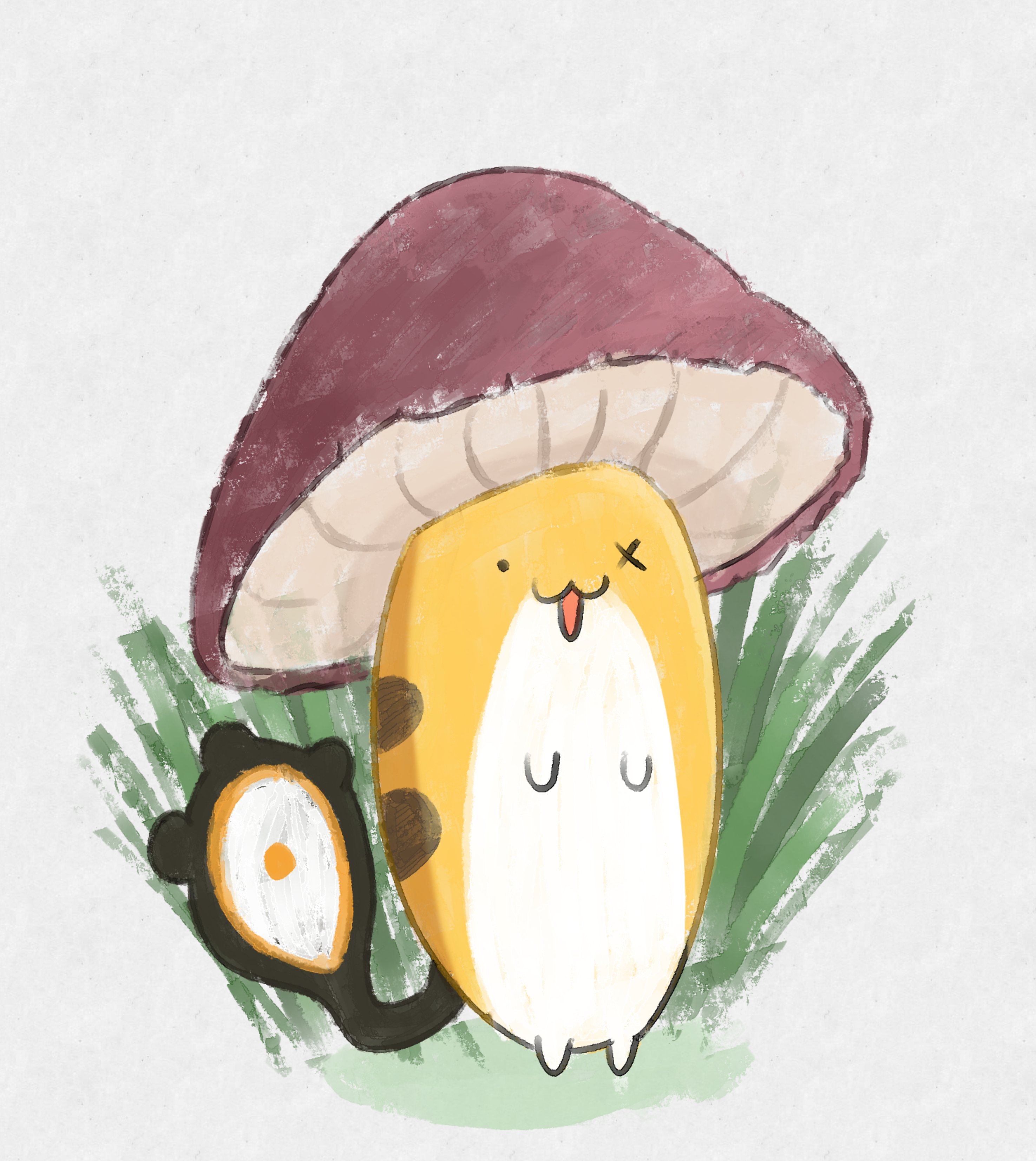 gigi murin, grem (gigi murin), holojustice, hololive, hololive english, absurdres, highres, :3, grass, jack pyro, mushroom, o x, open mouth, tail, virtual youtuber, white background