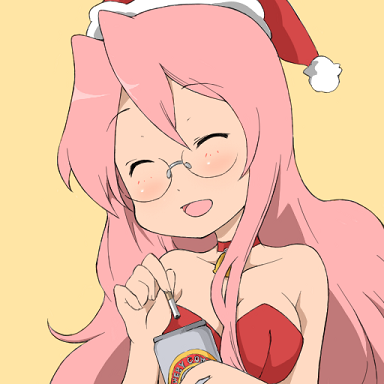 ta (tama20150125), takara miyuki, lucky star, lowres, 00s, alcohol, beer, bell, christmas, cigarette, closed eyes, collar, glasses, happy, hat, long hair, neck bell, pink hair, santa costume, santa hat, solo