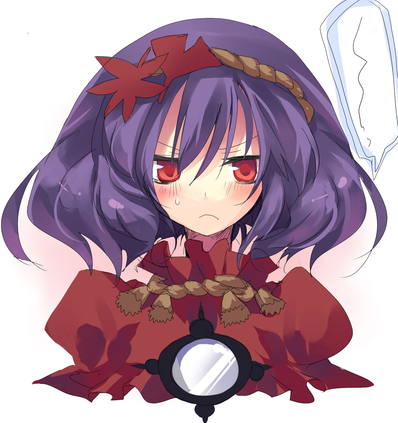 hanepochi, yasaka kanako, touhou, bad id, bad pixiv id, highres, 1girl, blue hair, blush, female focus, hair ornament, leaf hair ornament, red eyes, short hair, solo, sweatdrop