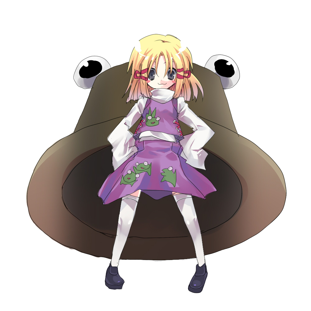 hanepochi, moriya suwako, touhou, 1girl, :3, blonde hair, female focus, full body, hat, simple background, skirt, solo, thighhighs, white background