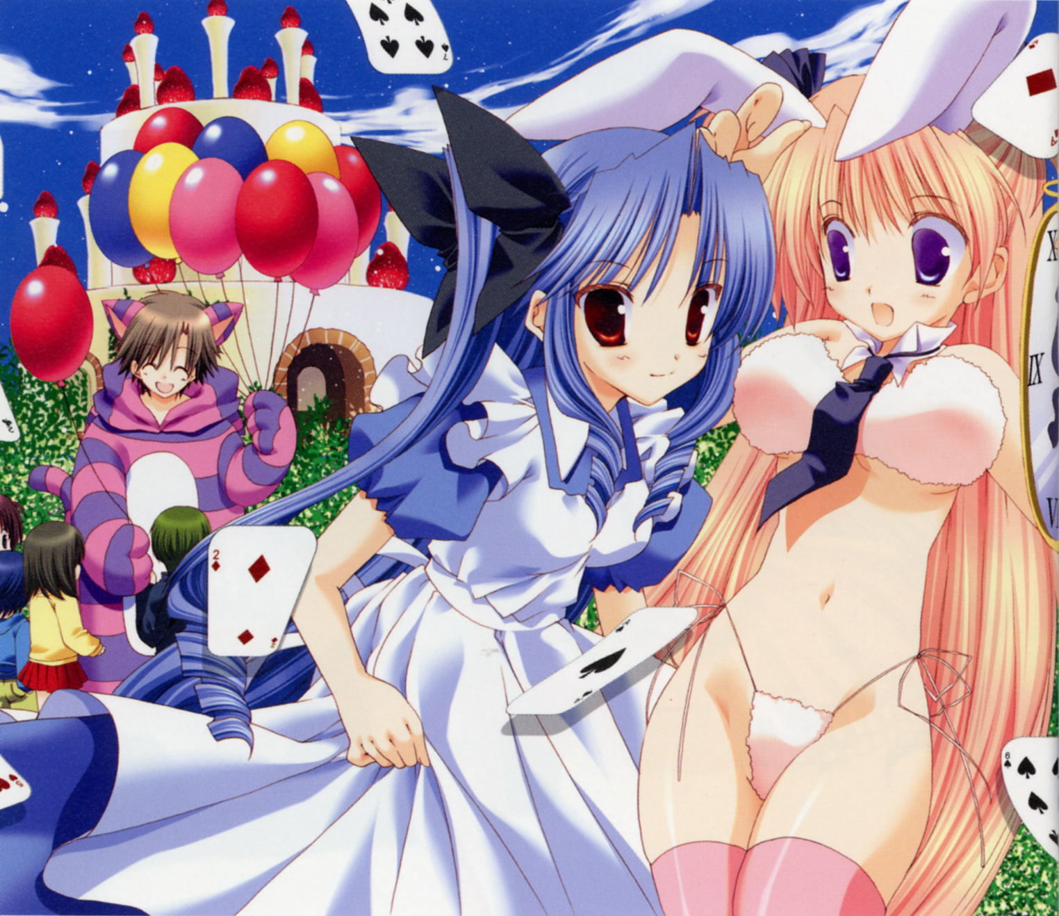 takanae kyourin, alice (alice in wonderland), cheshire cat (alice in wonderland), houjou reika, ninomiya shungo, tsukimura mayu, white rabbit (alice in wonderland), alice's adventures in wonderland, goshuushou-sama ninomiya-kun, highres, scan, 00s, 2boys, 3girls, animal costume, animal ears, balloon, bandeau bikini, bikini, blonde hair, blue eyes, blue hair, breasts, brown eyes, cake, card, floating card, food, fruit, large breasts, long hair, midriff, multiple boys, multiple girls, navel, necktie, orange hair, pastry, rabbit ears, side-tie bikini bottom, strawberry, swimsuit, thighhighs, very long hair