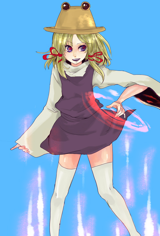 chiri (o9o9), moriya suwako, touhou, 1girl, blonde hair, blue eyes, female focus, gradient background, hair ribbon, hat, magic, open mouth, ribbon, short hair, skirt, smile, solo, thighhighs, white thighhighs, zettai ryouiki