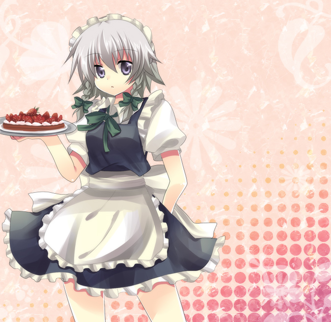 ichi (artist), ichi (bji), izayoi sakuya, touhou, silver hair, 1girl, braid, cake, female focus, food, maid, pastry, ribbon, short hair, solo, twin braids