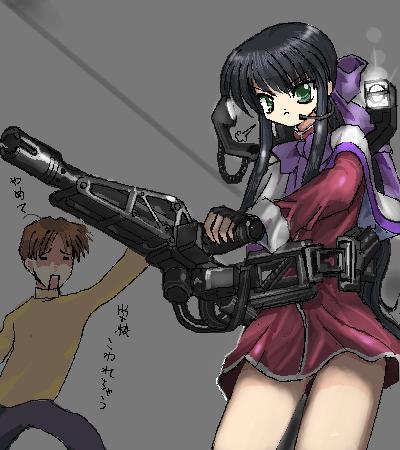 aizawa yuuichi, kawasumi mai, kanon, lowres, 1boy, 1girl, black hair, bow, green eyes, gun, hair bow, school uniform, serafuku, weapon