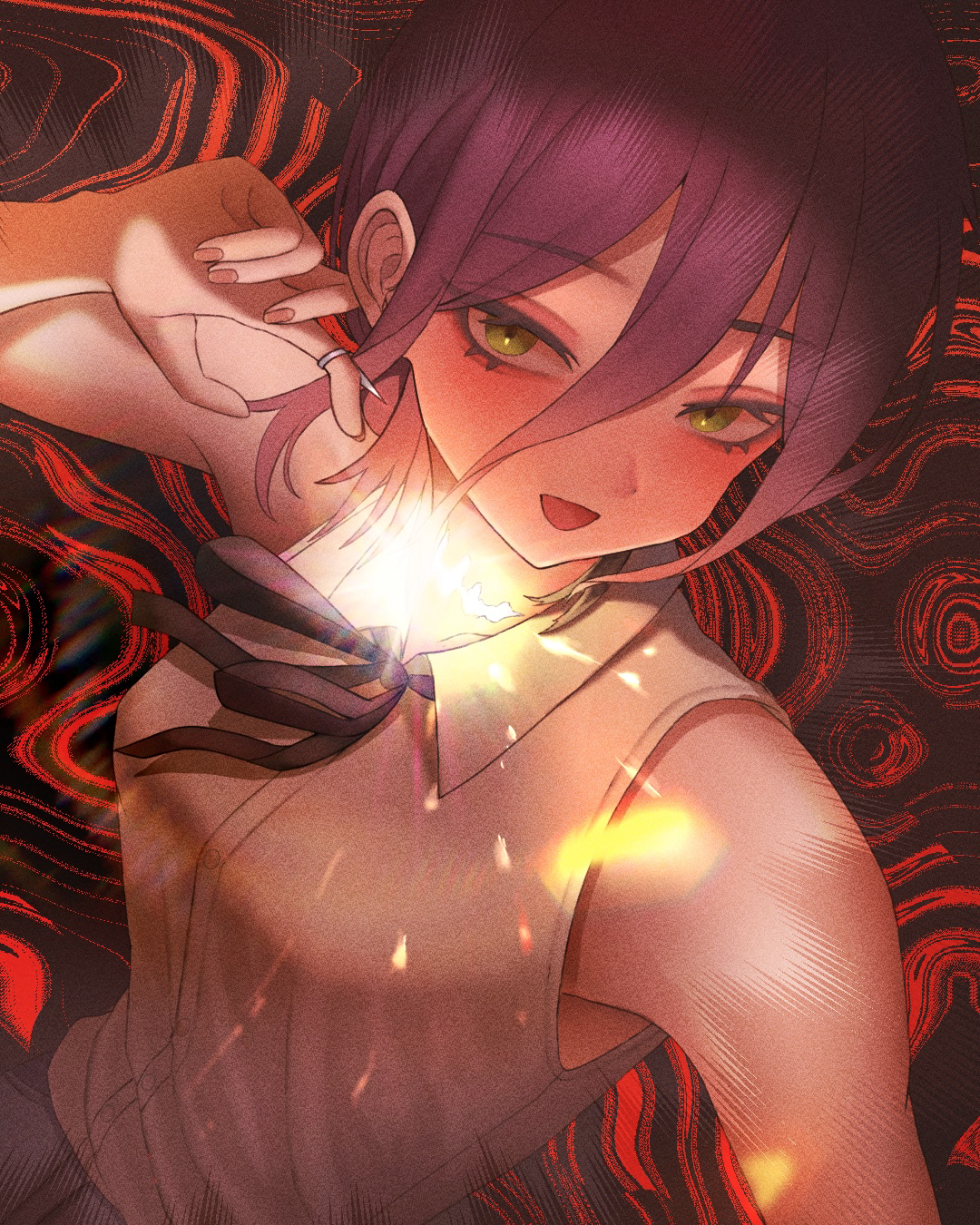 shekisheki15, reze (chainsaw man), chainsaw man, commentary request, highres, 1girl, black ribbon, collared shirt, green eyes, grenade pin, grey skirt, hair between eyes, looking at viewer, open mouth, purple hair, red background, ribbon, shirt, skirt, sleeveless, sleeveless shirt, solo