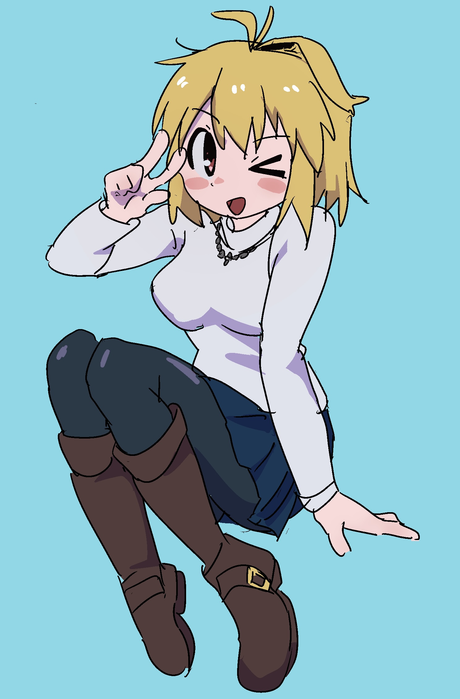 moyosan, arcueid brunestud, tsukihime, tsukihime (remake), highres, 1girl, ahoge, black pantyhose, blonde hair, blue background, blue skirt, blush stickers, boots, brown boots, buckle boot, jewelry, looking at viewer, necklace, one eye closed, pantyhose, short hair, sitting, skirt, smile, sweater, turtleneck, turtleneck sweater, v, white sweater
