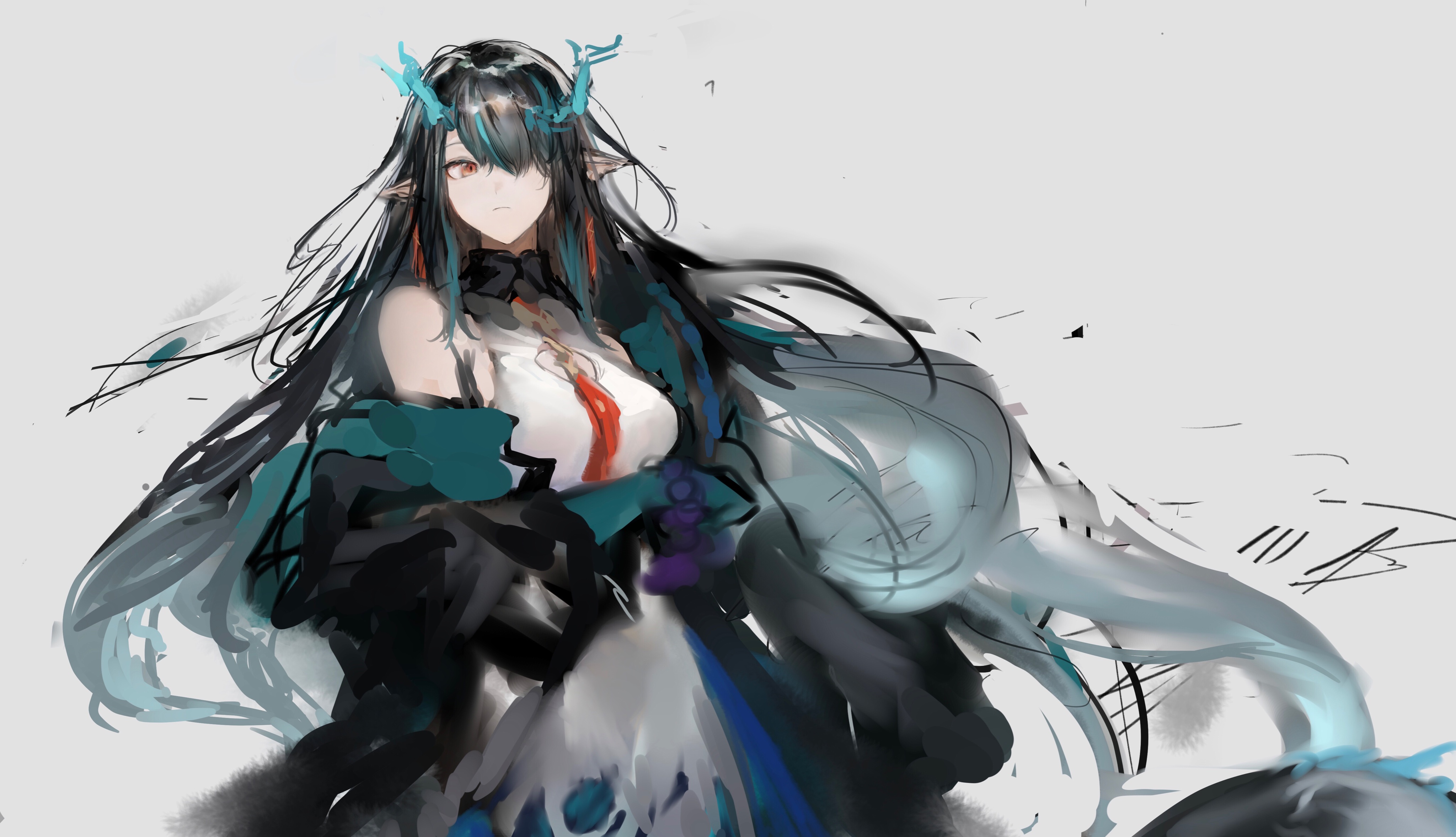 koba (jdhikdjdkfiwufh), dusk (arknights), arknights, absurdres, highres, 1girl, bead bracelet, beads, black hair, bracelet, colored extremities, colored skin, dragon girl, dragon horns, dragon tail, earrings, eastern dragon tail, green hands, green horns, green skin, hair over one eye, horns, jewelry, pointy ears, red eyes, solo, tail, tassel, tassel earrings