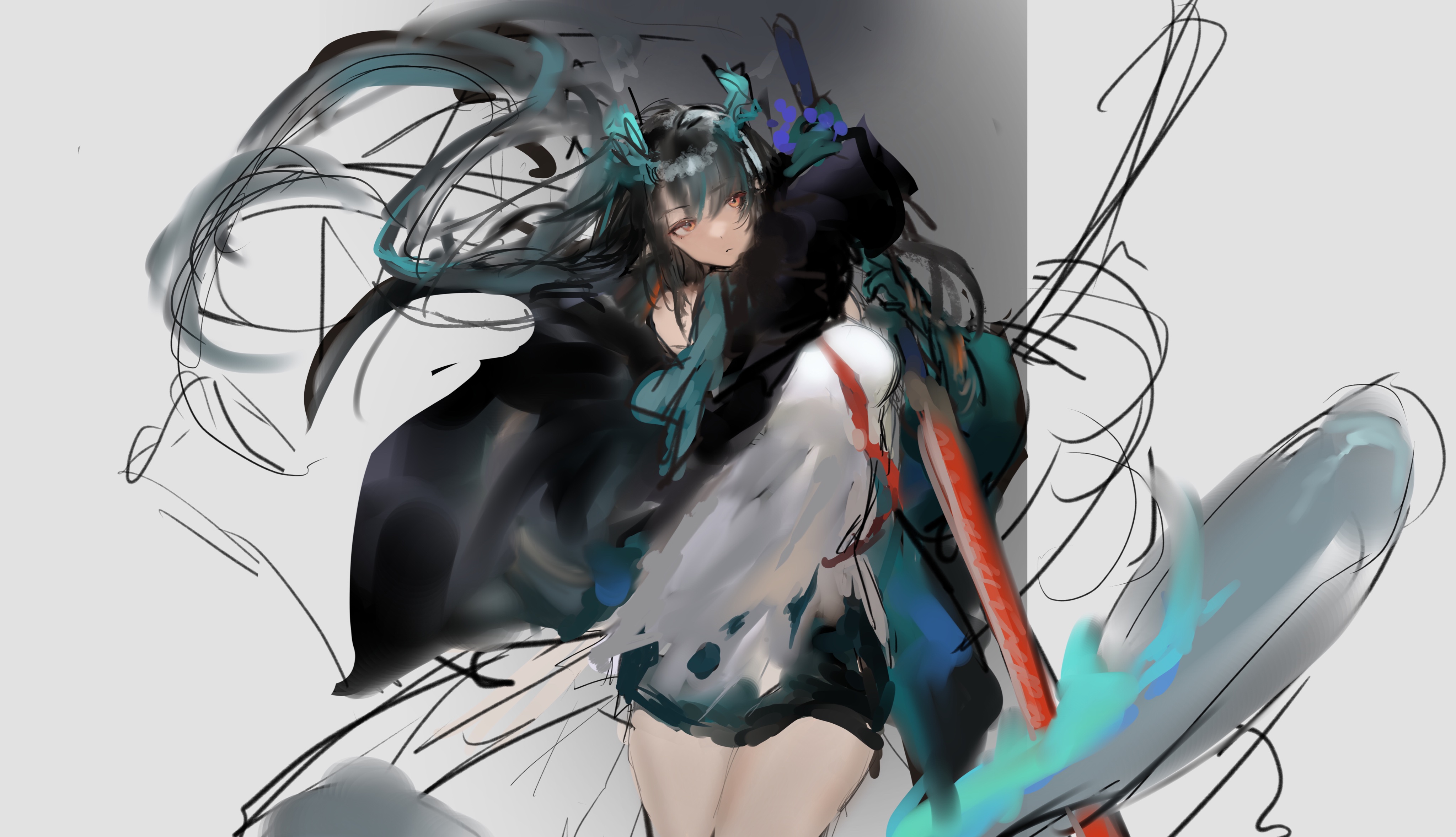 koba (jdhikdjdkfiwufh), dusk (arknights), arknights, absurdres, highres, 1girl, bead bracelet, beads, black hair, bracelet, colored extremities, colored skin, dragon girl, dragon horns, dragon tail, earrings, eastern dragon tail, green hands, green horns, green skin, hair over one eye, holding, holding sword, holding weapon, horns, jewelry, pointy ears, red eyes, solo, sword, tail, tassel, tassel earrings, weapon