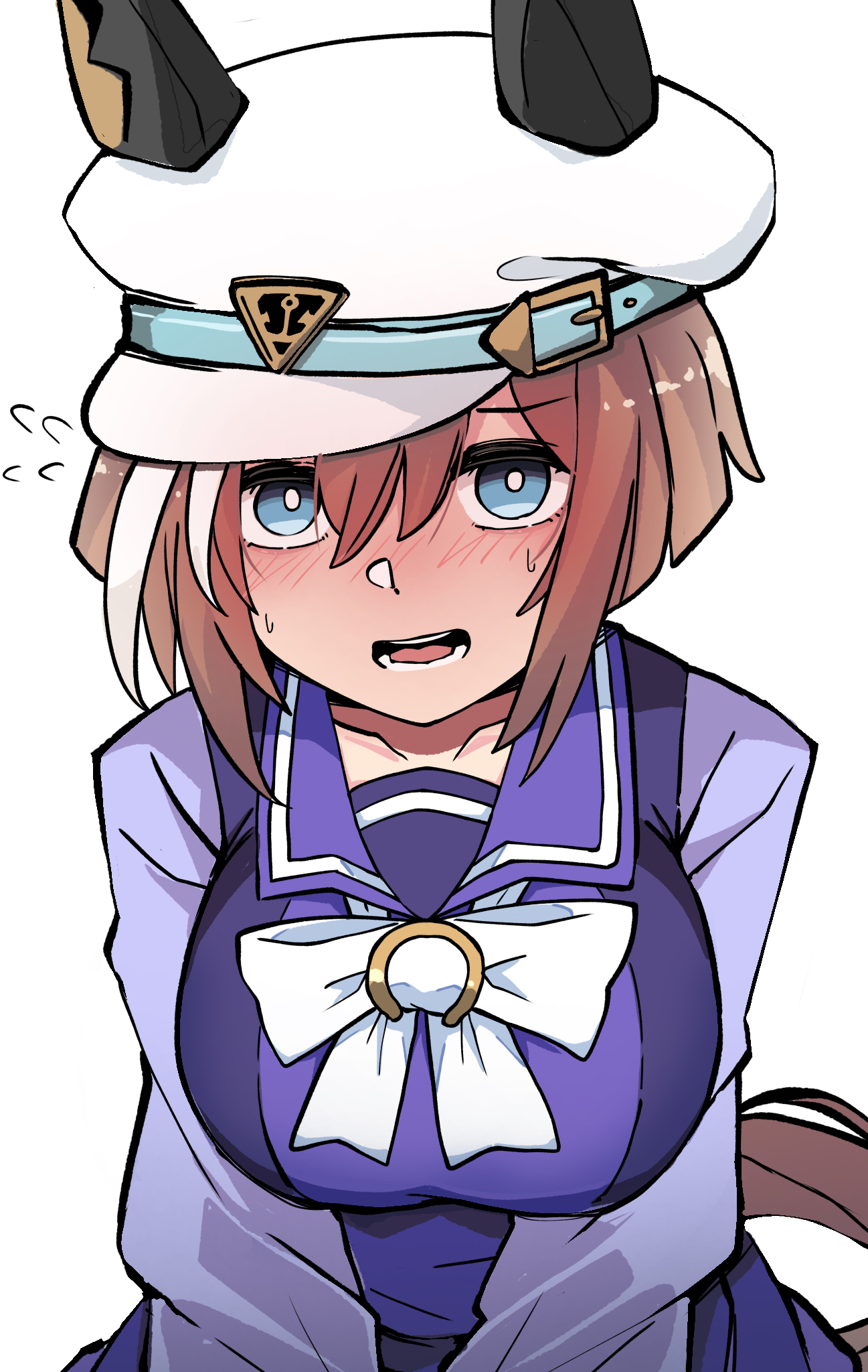 kawamochi (tddm3573), cheval grand (umamusume), umamusume, highres, 1girl, animal ears, blue eyes, blush, bow, bowtie, breasts, bright pupils, brown hair, collarbone, flying sweatdrops, hat, horse ears, horse girl, horse tail, large breasts, long sleeves, looking at viewer, multicolored hair, open mouth, peaked cap, purple sailor collar, purple shirt, purple skirt, sailor collar, school uniform, shirt, short hair, simple background, skirt, solo, streaked hair, sweat, tail, tracen school uniform, two-tone hair, white background, white bow, white bowtie, white hair, white hat, white pupils