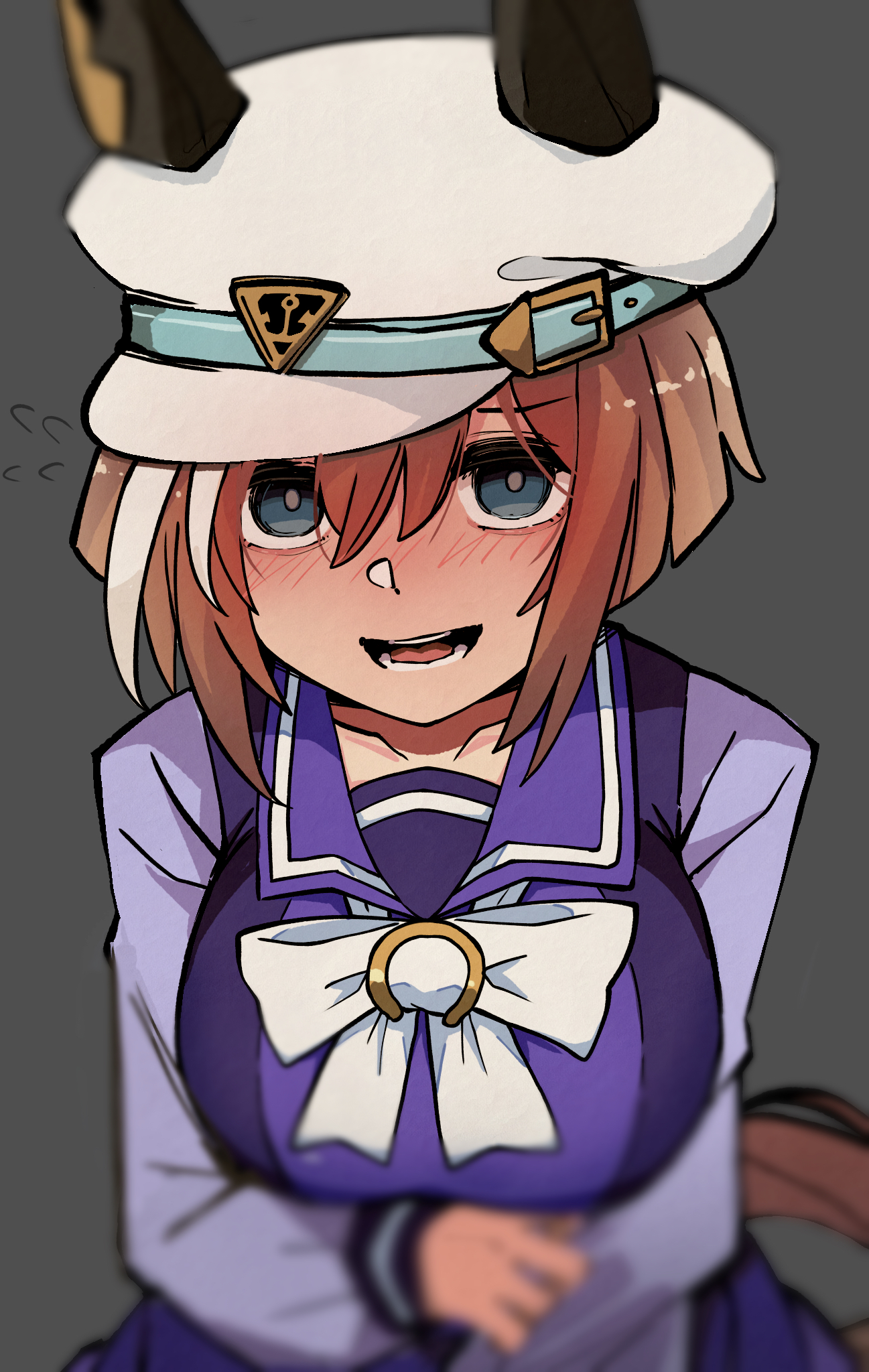 kawamochi (tddm3573), cheval grand (umamusume), umamusume, highres, 1girl, animal ears, arm under breasts, blue eyes, blurry, blush, bow, bowtie, breasts, brown hair, collarbone, depth of field, empty eyes, grey background, hat, horse ears, horse girl, horse tail, large breasts, long sleeves, looking at viewer, multicolored hair, open mouth, peaked cap, purple sailor collar, purple shirt, purple skirt, sailor collar, school uniform, shirt, short hair, simple background, skirt, smile, solo, streaked hair, tail, tracen school uniform, two-tone hair, white bow, white bowtie, white hair, white hat, yandere