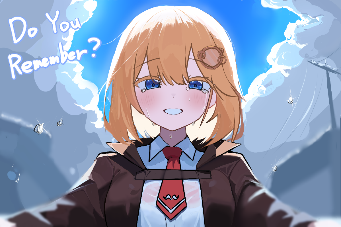 wingcat, watson amelia, watson amelia (1st costume), hololive, hololive english, commentary, 1girl, blonde hair, blue eyes, blue sky, blush, bob cut, breasts, brown jacket, cloud, cloudy sky, collared jacket, collared shirt, crying, crying with eyes open, day, dot nose, english text, from below, hair between eyes, hair ornament, jacket, long sleeves, looking at viewer, medium breasts, medium hair, necktie, open mouth, outdoors, power lines, raised eyebrows, red necktie, shirt, short necktie, sky, smile, solo, swept bangs, teardrop, tears, upper body, white shirt