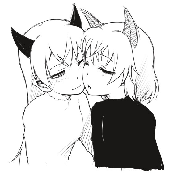 papa (shimeguru), eila ilmatar juutilainen, sanya v. litvyak, strike witches, world witches series, 00s, 2girls, animal ears, cheek-to-cheek, closed eyes, couple, greyscale, heads together, monochrome, multiple girls, one eye closed, wink, yuri