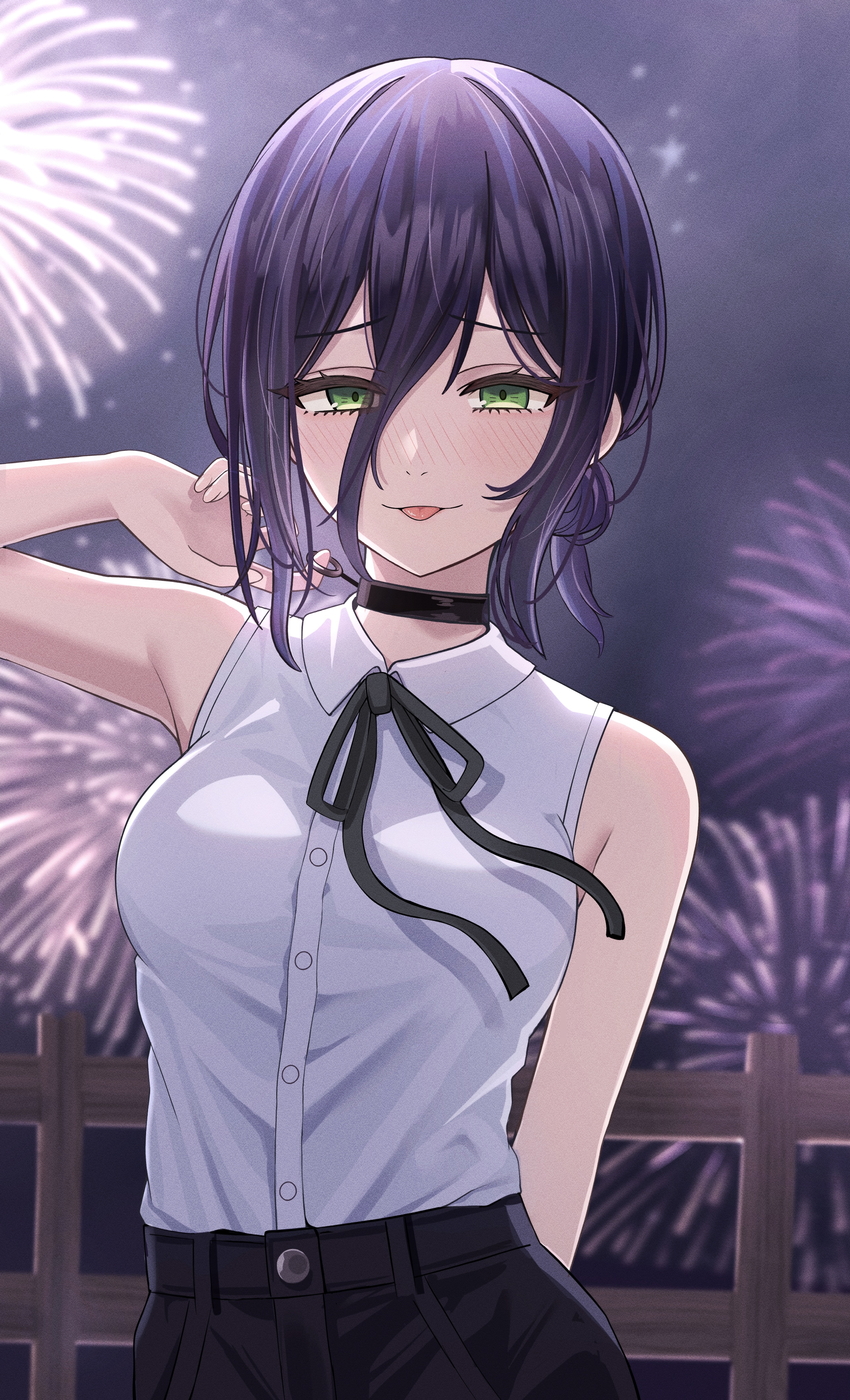 aoraine, reze (chainsaw man), chainsaw man, absurdres, highres, 1girl, aerial fireworks, black choker, black ribbon, breasts, choker, collared shirt, fence, fireworks, green eyes, grenade pin, hair between eyes, hair bun, looking at viewer, medium breasts, night, outdoors, purple hair, ribbon, shirt, sleeveless, sleeveless shirt, solo, tongue, tongue out, white shirt, wooden fence