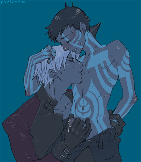 dante (devil may cry), demi-fiend, nocturne, atlus, capcom, devil may cry (series), megami tensei, shin megami tensei, 00s, age difference, censored, handjob, holding another's wrist, lucifers call, male focus, penis, school, teacher, topless male, unzipped, yaoi