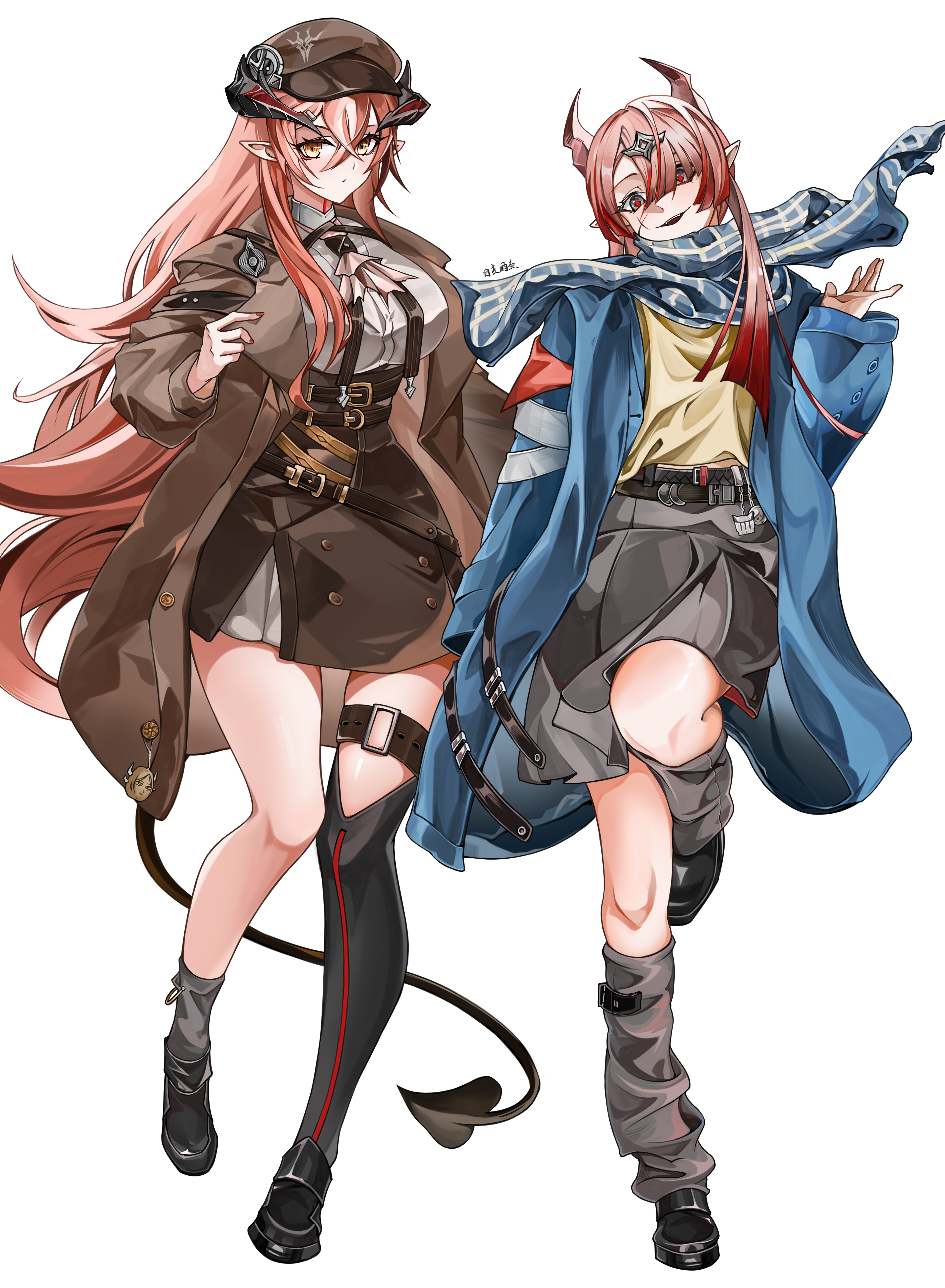zizaijiuhu, ulsulah (arknights), arknights, absurdres, chinese commentary, highres, 2girls, alternate costume, black shoes, black skirt, blue coat, blue shawl, blush, breasts, brown coat, brown skirt, coat, demon girl, demon horns, demon tail, diamond-shaped pupils, diamond (shape), dress shirt, fangs, forward-facing horns, full body, grey eyes, grey socks, hair between eyes, horns, kneehighs, large breasts, light blush, long hair, looking at viewer, multiple girls, nadine (unlight), open mouth, pencil skirt, pink hair, pointy ears, red nails, red pupils, shawl, shirt, shoes, skirt, smile, socks, standing, symbol-shaped pupils, tail, teeth, upper teeth only, very long hair, white shirt, yellow eyes