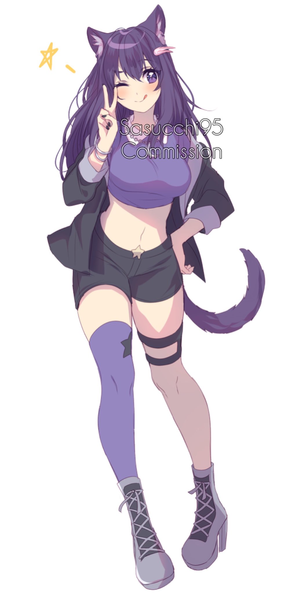 sasucchi95, original, commentary, commission, english commentary, highres, 1girl, ;q, animal ear fluff, animal ears, ankle boots, artist name, asymmetrical legwear, black jacket, black nails, black shorts, blush, boots, bracelet, breasts, cat ears, cat girl, cat tail, closed mouth, collared shirt, contrapposto, contrast collar, crop top, cropped shirt, double-parted bangs, full body, gift art, grey boots, hair between eyes, hair ornament, hand on own hip, high heel boots, high heels, jacket, jacket partially removed, jewelry, lace-up boots, long hair, looking at viewer, medium breasts, midriff, nail polish, navel, one eye closed, open clothes, open jacket, pigeon-toed, purple shirt, purple thighhighs, raised eyebrow, shirt, short shorts, shorts, silver bracelet, simple background, single thighhigh, solo, standing, star (symbol), tail, thigh strap, thighhighs, tongue, tongue out, v, watermark, white background