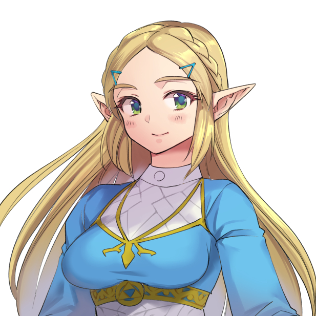 monbetsu kuniharu, princess zelda, nintendo, the legend of zelda, the legend of zelda: breath of the wild, commentary request, 1girl, blonde hair, blue shirt, braid, breasts, closed mouth, crown braid, green eyes, long hair, looking at viewer, medium breasts, pointy ears, shirt, simple background, smile, solo, upper body, white background