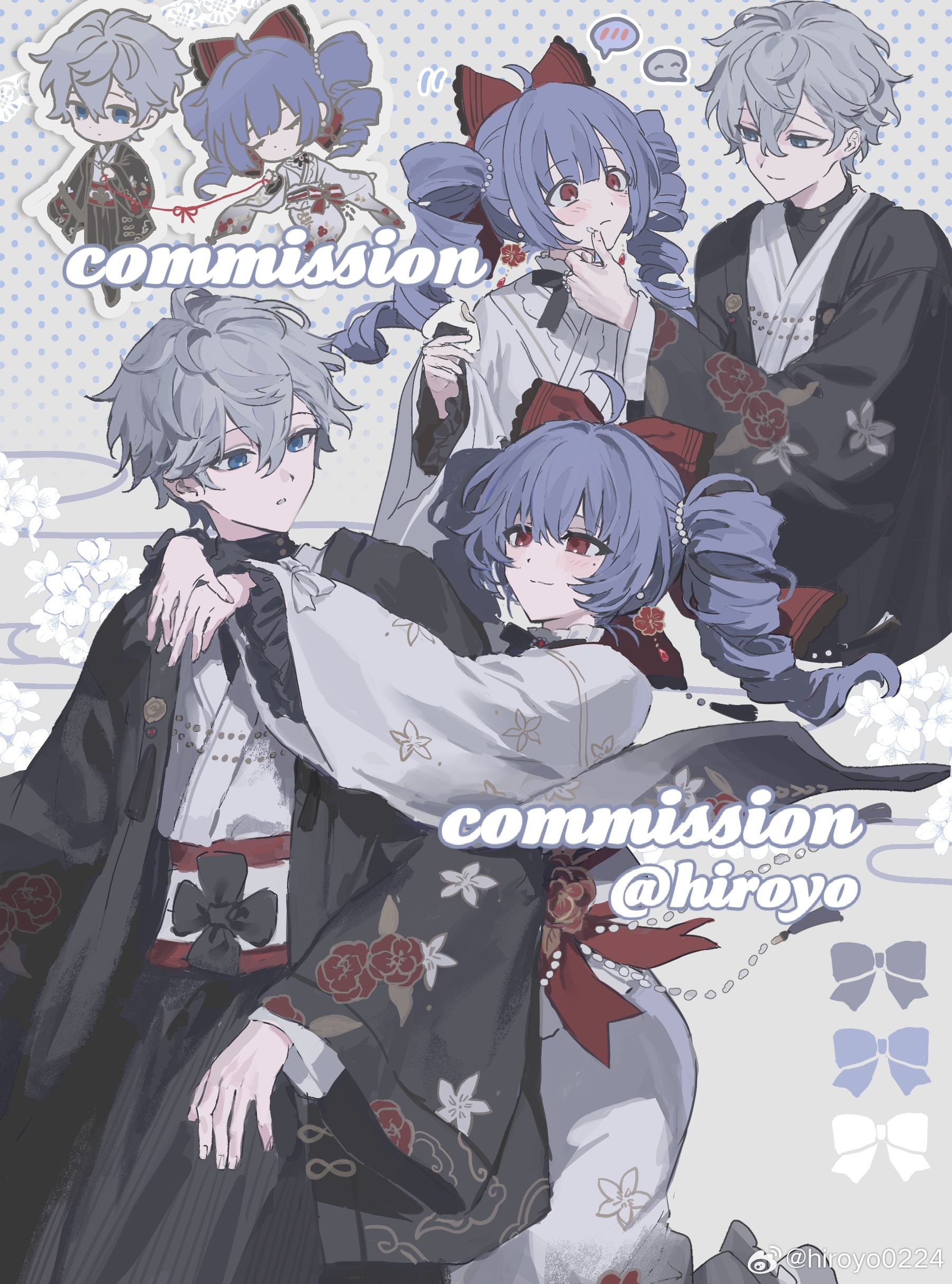 sena izumi (ensemble stars!), ensemble stars!, original, absurdres, chinese commentary, commentary request, commission, highres, mihuashi commission, 1boy, 1girl, ahoge, arms around neck, artist name, black haori, black kimono, black ribbon, blue eyes, blue hair, blush, bow, chibi, chibi inset, closed eyes, closed mouth, commissioner insert, couple, crumbs, dotted background, double-parted bangs, drill hair, earrings, expressionless, eye contact, floral background, flower, flower earrings, food, food on face, frilled sleeves, frills, front-to-back, furisode, grey background, grey hair, hair bow, haori, hetero, hiroyo0224, holding, holding food, japanese clothes, jewelry, kimono, long hair, long sleeves, looking at another, mole, mole under eye, motion lines, multiple views, neck ribbon, obi, oc x canon, onigiri, own hands together, parted lips, pearl hair ornament, red bow, red eyes, red sash, ribbon, sash, short hair, smile, spoken blush, string, string of fate, tassel, twin drills, u u, very short hair, watermark, weibo watermark, white flower, white kimono, white sash, wide sleeves, wiping face