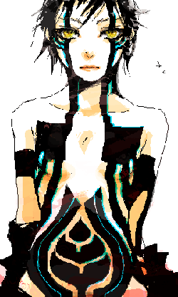 demi-fiend, atlus, shin megami tensei, shin megami tensei iii: nocturne, gender request, lowres, black hair, genderswap, lucifers call, short hair, tattoo, topless male, yellow eyes