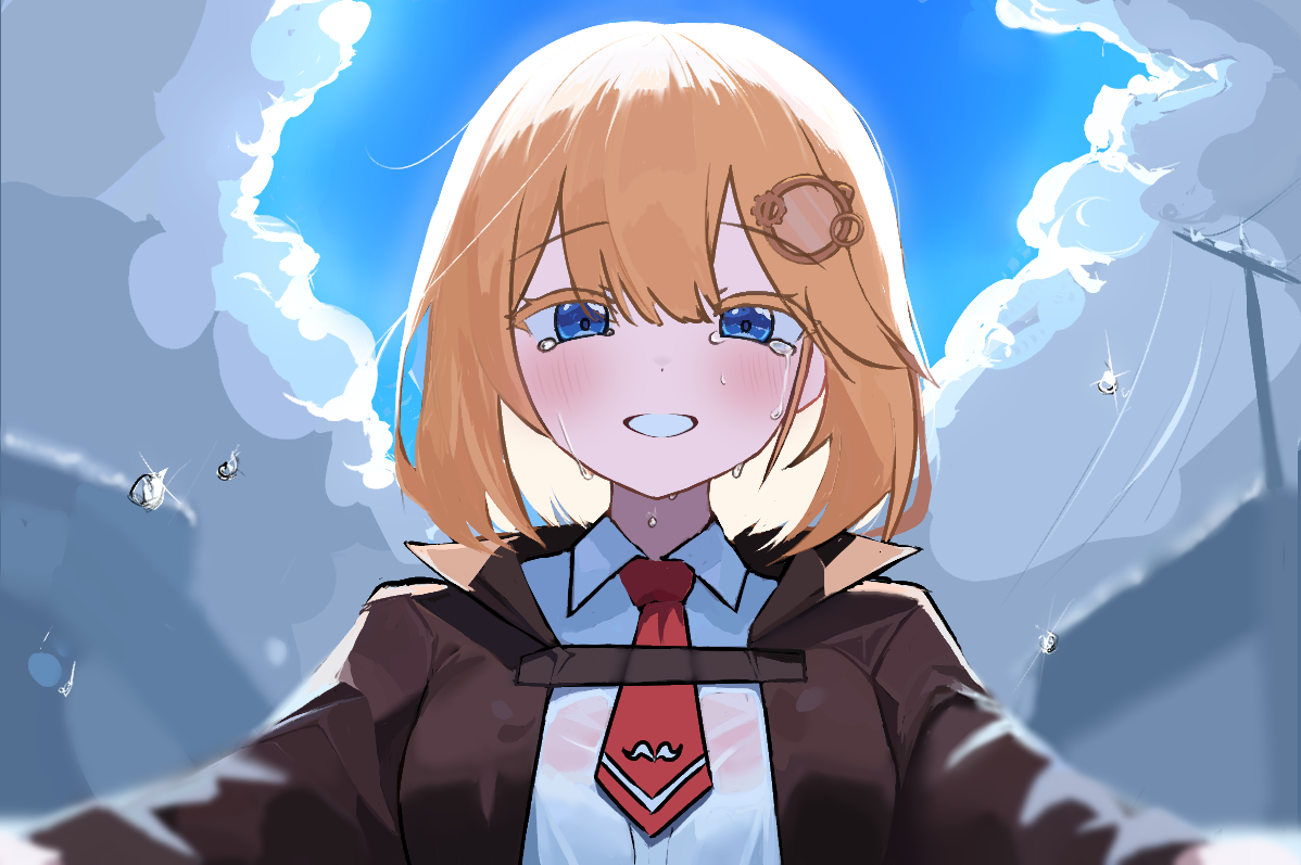 wingcat, watson amelia, watson amelia (1st costume), hololive, hololive english, commentary, 1girl, blonde hair, blue eyes, blue sky, blush, bob cut, breasts, brown jacket, cloud, cloudy sky, collared jacket, collared shirt, crying, crying with eyes open, day, dot nose, from below, hair between eyes, hair ornament, jacket, long sleeves, looking at viewer, medium breasts, medium hair, necktie, open mouth, outdoors, power lines, raised eyebrows, red necktie, shirt, short necktie, sky, smile, solo, swept bangs, teardrop, tears, upper body, white shirt