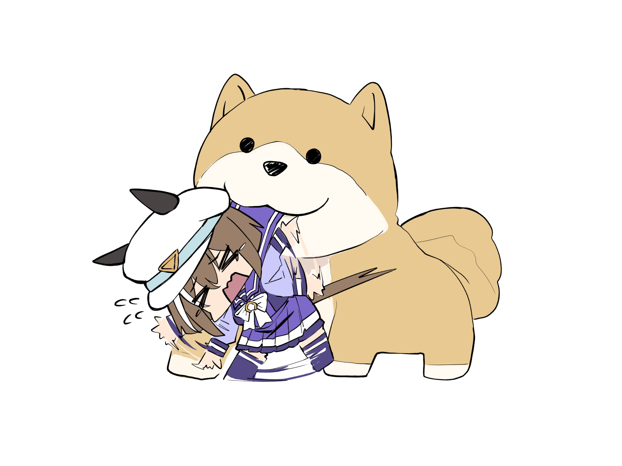 kawamochi (tddm3573), cheval grand (umamusume), umamusume, highres, > <, 1girl, afterimage, animal, animal ears, bow, brown hair, chibi, closed eyes, dog, ears through headwear, flying sweatdrops, hair between eyes, hat, horse ears, horse girl, horse tail, long sleeves, mini person, minigirl, motion lines, mouth hold, multicolored hair, open mouth, peaked cap, pleated skirt, puffy long sleeves, puffy sleeves, purple shirt, purple skirt, purple thighhighs, school uniform, shirt, simple background, skirt, solo, speed lines, streaked hair, tail, thighhighs, tracen school uniform, wavy mouth, white background, white bow, white hair, white hat